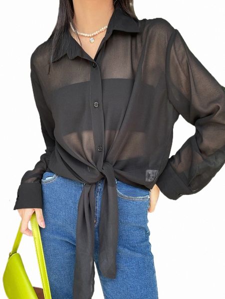 

women's blouses & shirts dazy knot hem sheer shirt without bra j1ah#, White
