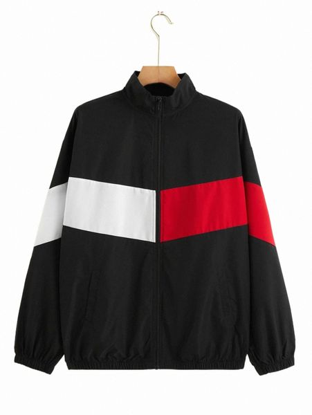 

men's jackets men 1pc color block drop shoulder zipper jacket 60ud#, Black;brown