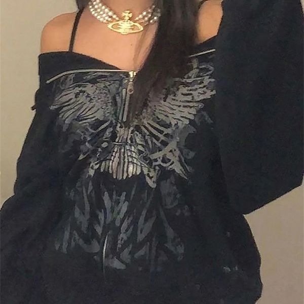 

women's hoodies sweatshirts allneon y2k grunge punk oversize zip up hoodies mall goth streetwear hooded long sleeve black jackets autum