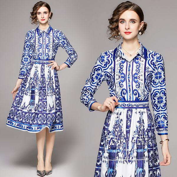 

2022 paisley print midi dress long sleeve women vintage lapel button shirt dresses elegant office lady designer pleated frocks spring autumn, Black;gray