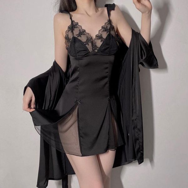 

loose casual silk satin sleepwears home dress loungewear pink lace trim, Black;red