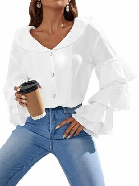 

women's blouses & shirts solid layered sleeve button front blouse w9hl#, White