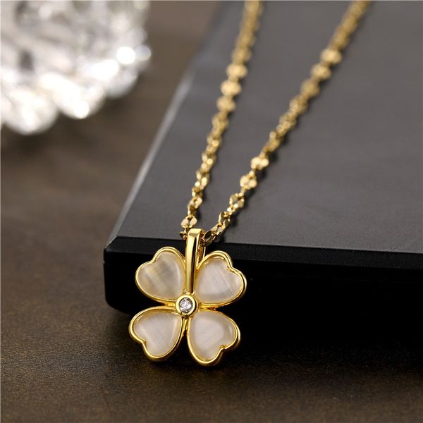 

cat eye clover pendant stainless steel necklace for women gift, Silver