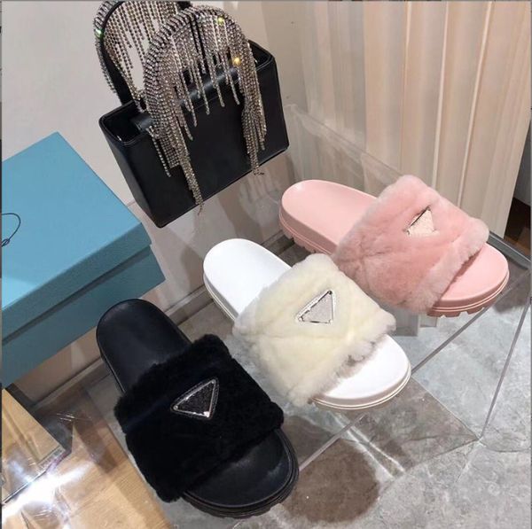 

luxury slippers women designer slides sandal autumn winter trendy flat bottom wool lamb hair letters wear all-match fashionable furry slippe, Black
