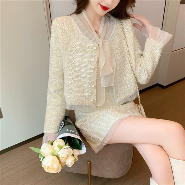 

two piece dress ruffles trim tweed womens suit embroidery buttoned woolen jacket crop coat mini skirts two piece set women autumn winter 220, White