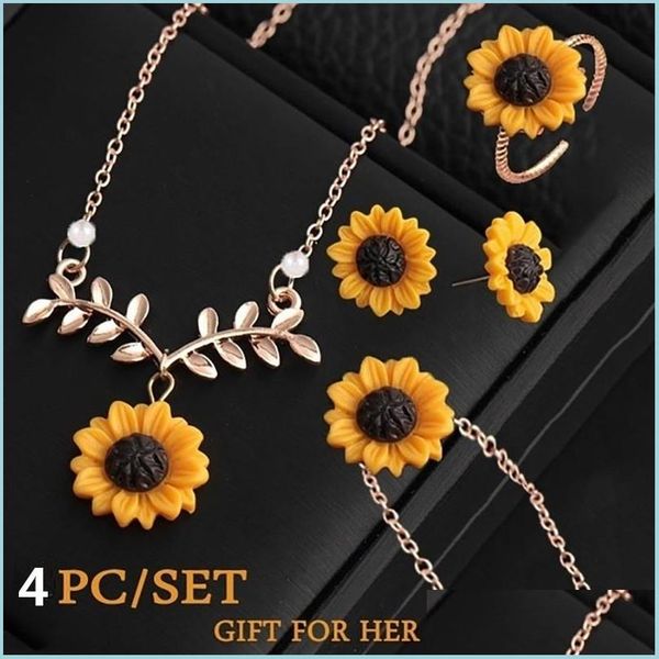 

other jewelry sets fashion sunflower jewelry sets for women creative pendant necklace earrings bracelet ring party wedding d yydhhome dhzvx, Silver