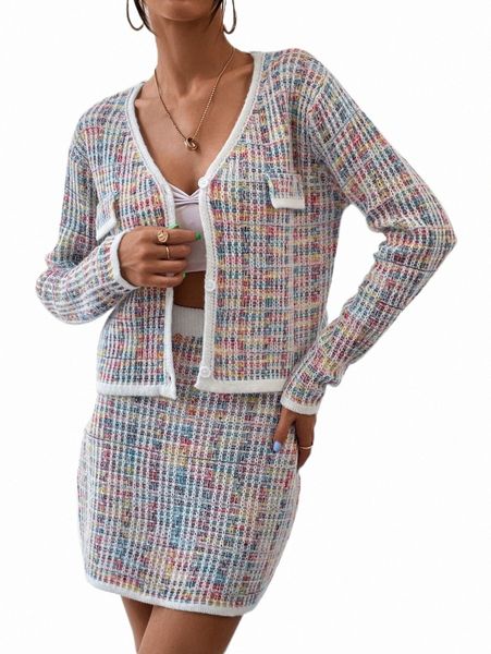 

women's sweaters space dye contrast trim cardigan & knit skirt c9td#, White;black