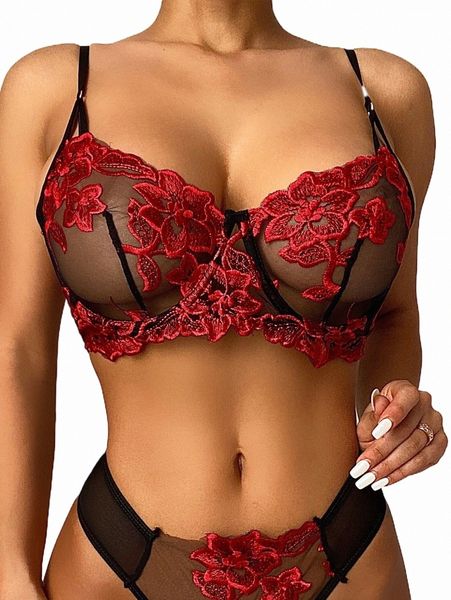 

women's sleepwear floral embroidered mesh underwire bra v0qd#, Black;red