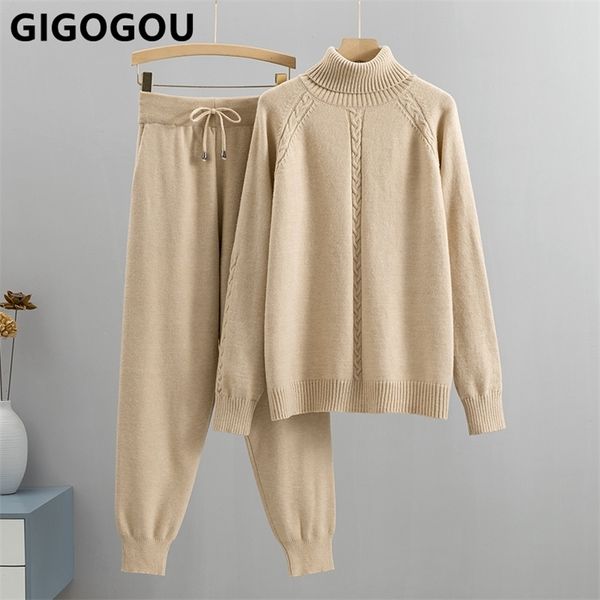 

womens two piece pants gigogou two piece autumn winter women sweater tracksuit fashionturtleneck sweater pant set lady warm knitted suit 220, White