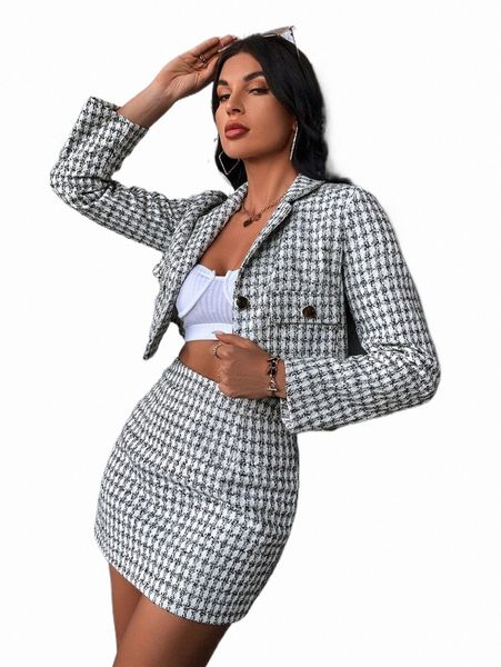 

two piece dress double button plaid tweed jacket & skirt set h09w#, White