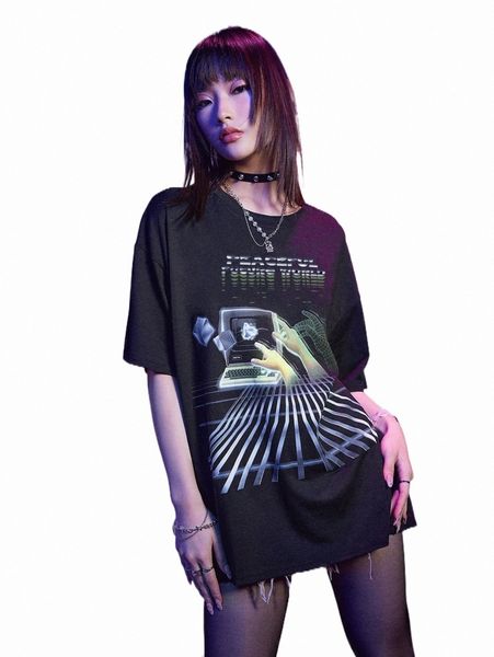 

women's t-shirt romwe cyber luvr hand print oversized tee m97n#, White