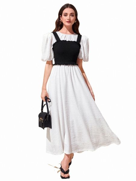 

two piece dress modely shirred wide strap & puff sleeve dress set f21j#, White