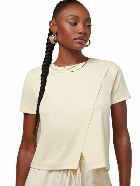 

women's t-shirt solid round neck wrap detail tee m6mi#, White