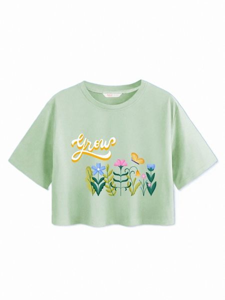

women's t-shirt romwe x the pink type plants print crop tee z1bv#, White