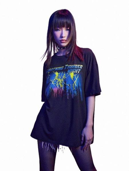 

women's t-shirt romwe cyber luvr lightning print oversized tee i6q6#, White