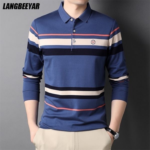 

men's polos grade cotton fashion designer brand luxury mens polo shirt with long sleave stripped casual men clothing 220905, White;black
