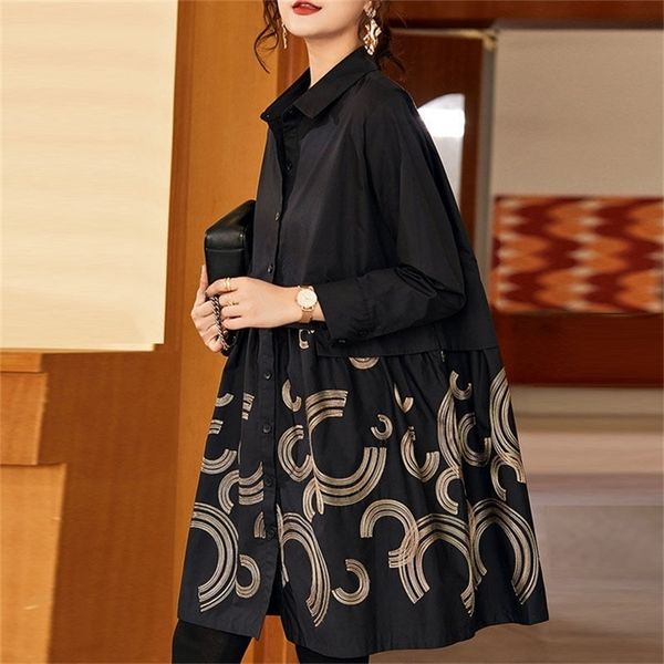 

women's trench coats women embroidered shirt spring autumn long-sleeved loose mid-length casual outerwear female 220905, Tan;black