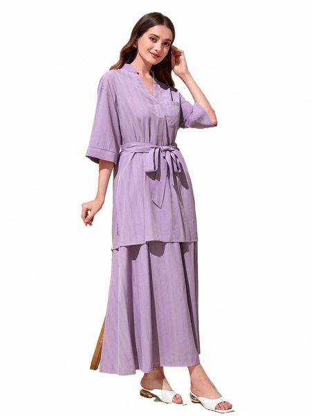 

two piece dress modely notched collar belted & skirt set n5r8#, White