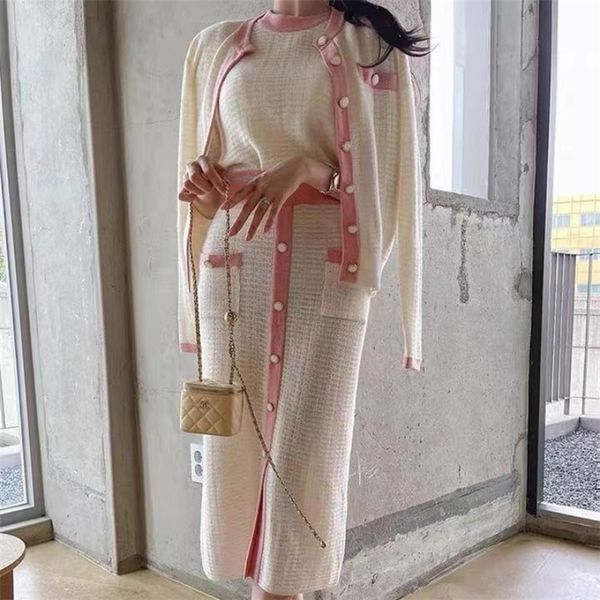 

two piece dress korean fashion slim three piece set women knitted patchwork cardigan oneck pullover sweater midi skirts suits female ol 2209, White