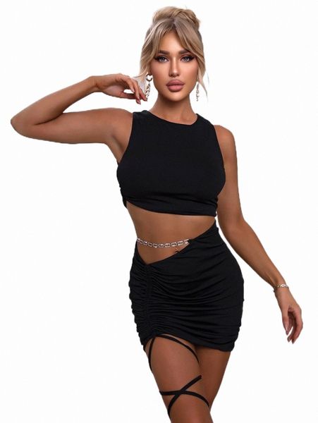 

casual dresses joyfunear cutout chain detail waist drawstring ruched bodycon dress k9f1#, Black;gray