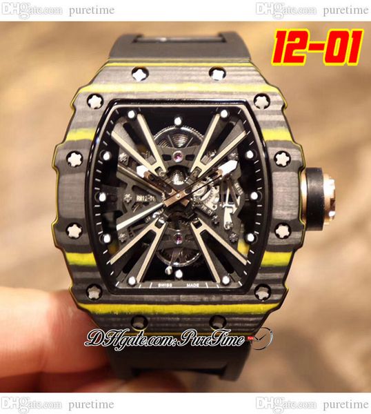 

2022 12-01 miyota automatic mens watch ntpt black yellow carbon fiber case skeleton dial big date rubber strap 2 styles watches puretime a1, Slivery;brown