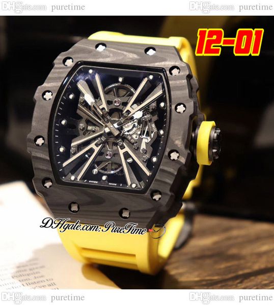 

2022 12-01 miyota automatic mens watch ntpt black carbon fiber case skeleton dial big date yellow crown rubber strap 6 styles watches pureti, Slivery;brown