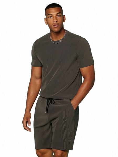 

men's tracksuits men solid round neck tee & drawstring waist shorts u8ny#, Gray