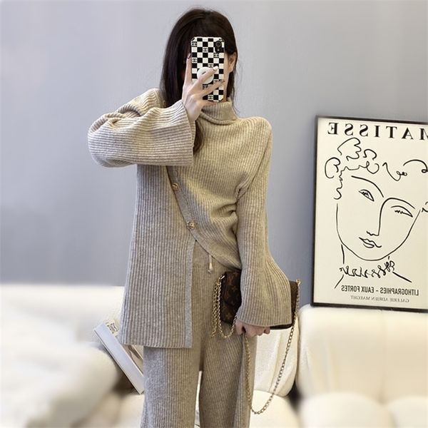 

womens two piece pants winter knitted 2 piece sets womens outfits fashion design split turtleneck pullover sweater wide leg pants women trac, White