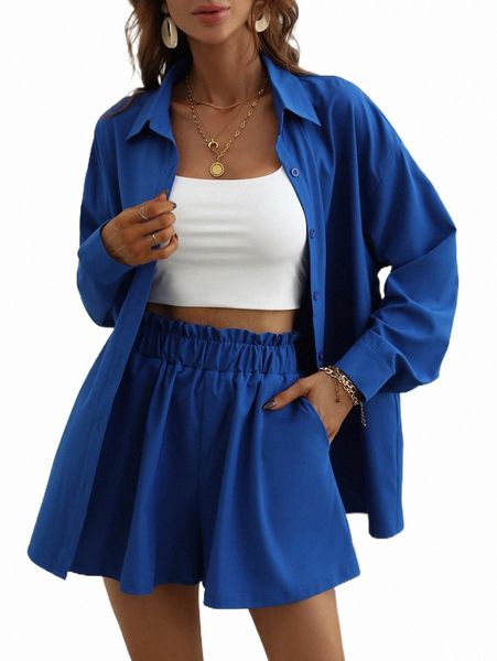 

two piece dress solid button front blouse & paperbag waist shorts x0a3#, White