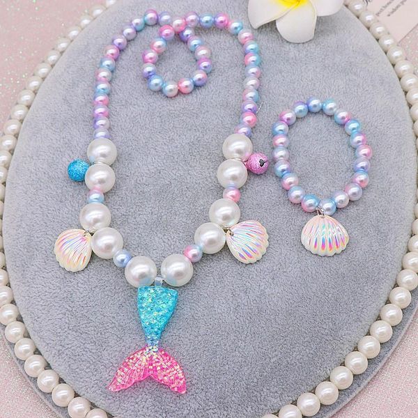 

new 2/5pcs girls mermaid pearl necklace bracelet ring earring set kids toys children princess accessories girls birthday gifts, Red;brown