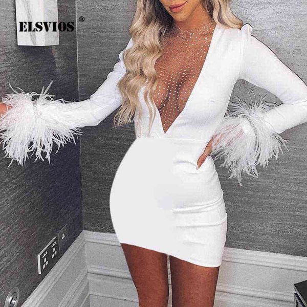 

women feather tassel patchwork party dress lady mesh diamond long sleeve split mini dress deep v-neck bodycon club dress t220819, Black;gray