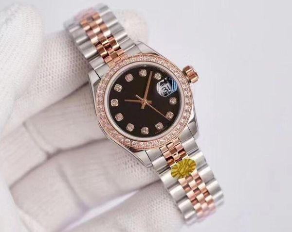 

26mm fashion gold ladies dress watch diamond sapphire mechanical automatic women's watches stainless steel strap wristwatch box bags ri, Slivery;brown