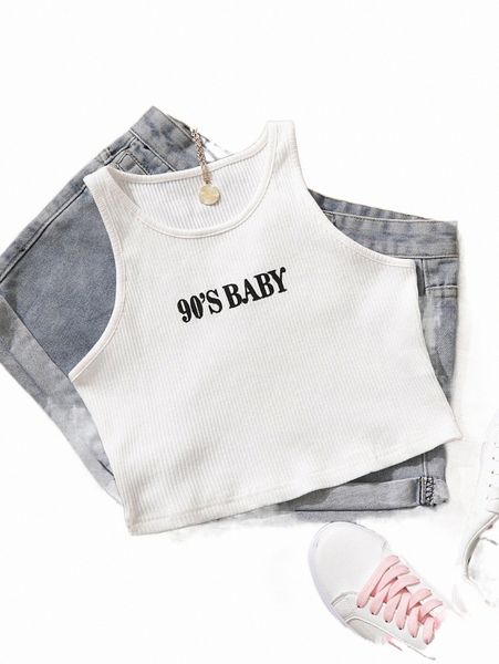 

women's tanks & camis letter graphic ribbed knit tank q6cb#, White