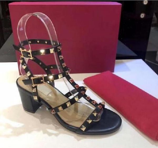 

sandals 2023 womens luxurys shoes chunky 6cm heels fashion brand leather rivets heels ladies party summer sandal womens heels, Black