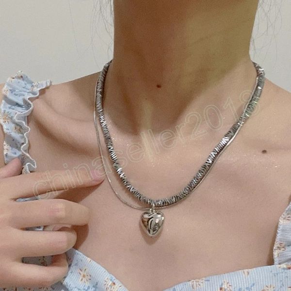 

silver color double layers simple heart pendant necklace women party jewelry
