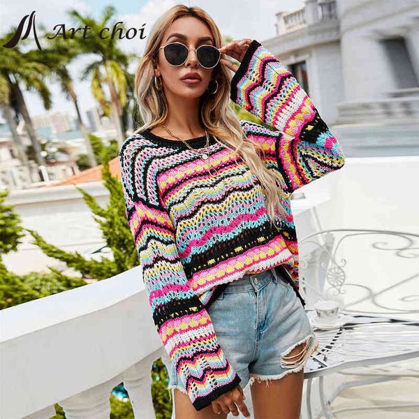 

women's sweaters rainbow knitted sweater women autumn elegant oversize knitwear pullover jumper hook flower hollow streetwear ladies su, White;black