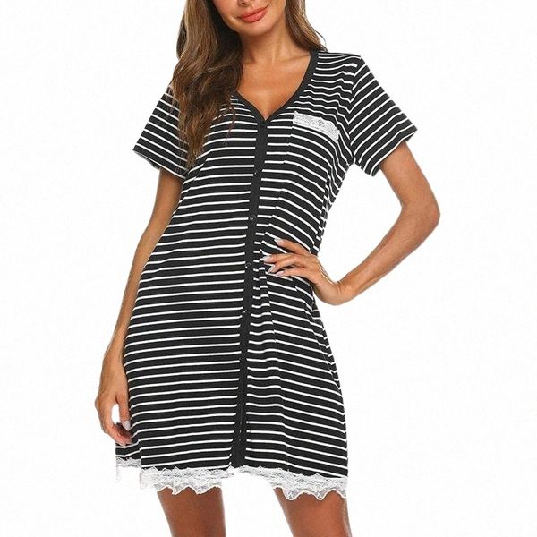 

casual dresses casual dresses women loose short sleeve sleepwear lace v-neck stripe printed home nightdress dress loungewear bathrobe bluzki, Black;gray