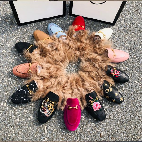 

princetown designer slippers women fur loafers men women mules metal chain shoe velvet leather loafer winter warm wool slipper, Black