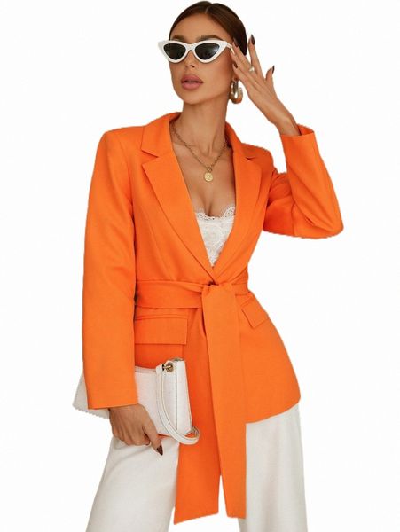 

women's two piece pants neon-orange single button belted blazer h2s9#, White