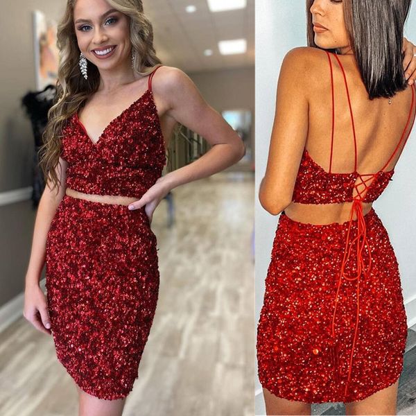 

women short prom dresses two pieces set sequin spaghetti straps off shoulder crop sleeveless chic night party club outwear homecoming, Blue;pink