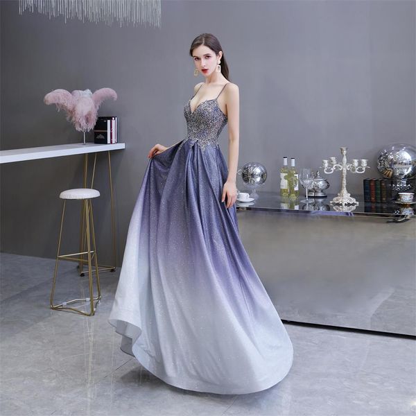 

v neck trend thin shoulder beaded gradient sequin sweetheart party dress ys39450, Black