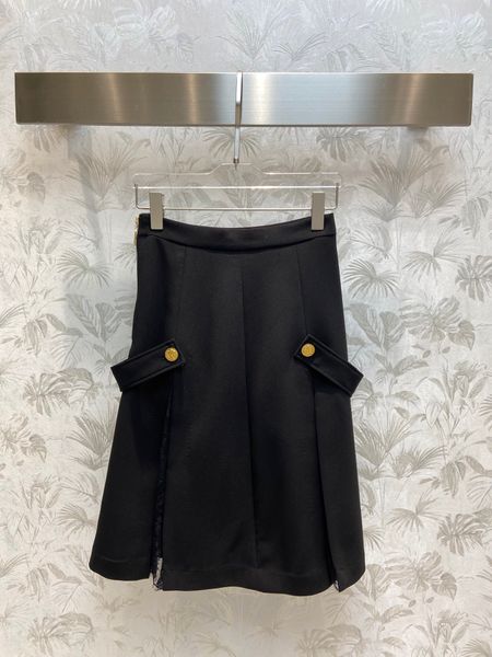 

2022 new fashion skirts split lace patchwork black midi skirts women high waist buttons decoration back zipper a-line elegant skirt