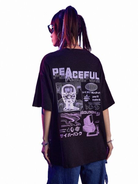 

women's t-shirt romwe cyber luvr letter graphic oversized tee k1jo#, White