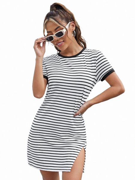 

casual dresses striped print contrast binding tee dress e8su#, Black;gray