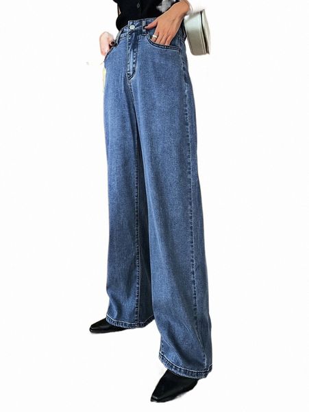

women's jeans dazy high waist single button wide leg jeans 9115#, Blue