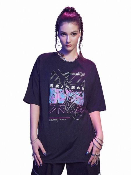 

women's t-shirt romwe cyber luvr letter graphic oversized tee k9cm#, White
