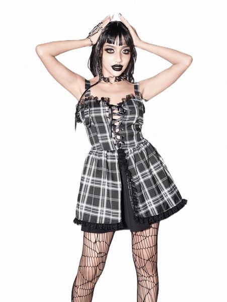 

casual dresses gothic plaid grommet lace up cami dress 35lo#, Black;gray
