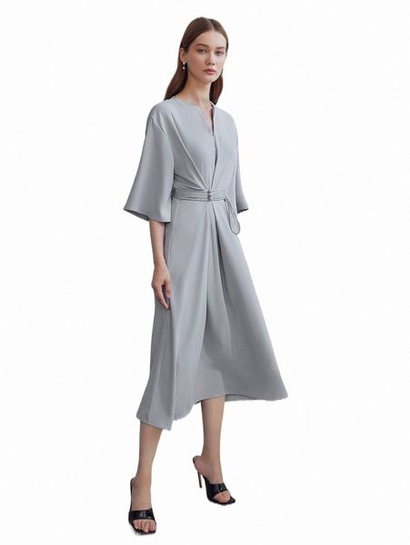 

casual dresses motf premium notched neck belted dress r9yh#, Black;gray