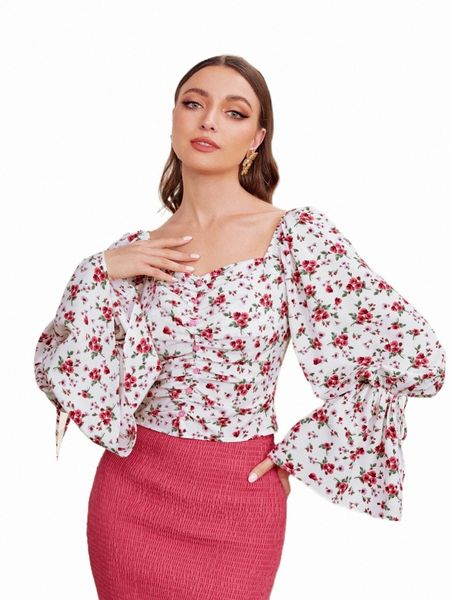 

women's blouses & shirts allover floral print ruched blouse r4iy#, White