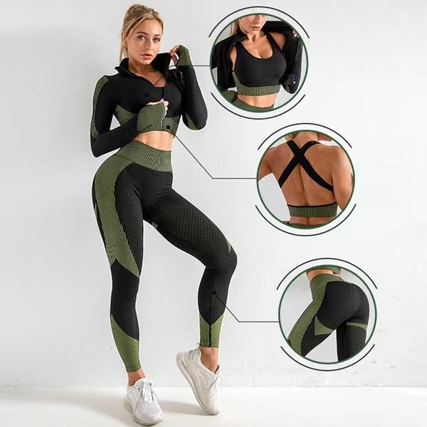 

women's tracksuits high waist hip lift stretch tight yoga pants bra running sports three-piece set, Gray